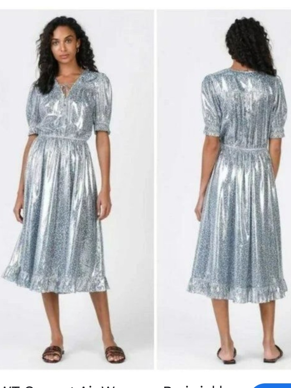 Current Air Shimmering Leopard Puff Sleeve V-Neck Midi Dress Silver/Blue Size M